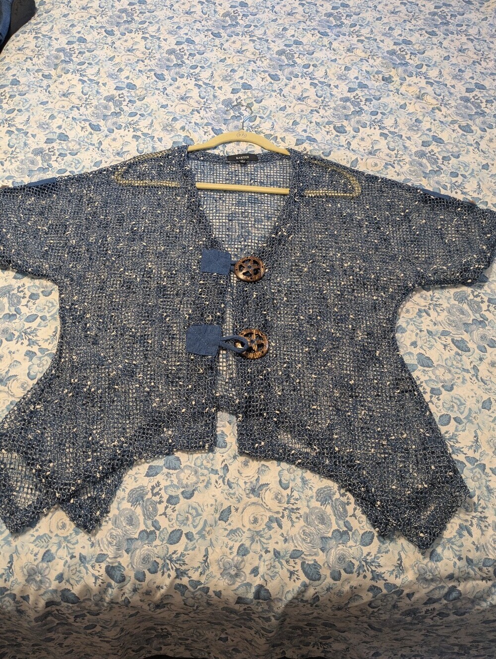 Kaktus Navy Open-Knit Button-Front Short Sleeve Cardigan/Toppere